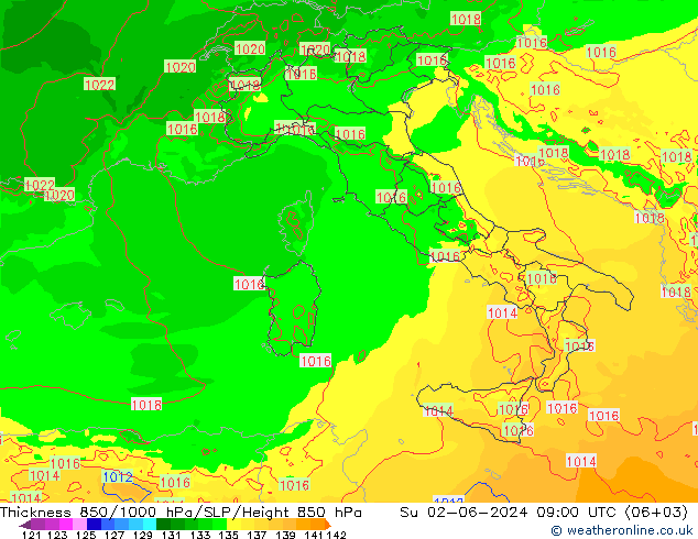 Thck 850-1000 hPa Arpege-eu Su 02.06.2024 09 UTC