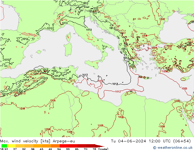 Max. wind velocity Arpege-eu mar 04.06.2024 12 UTC