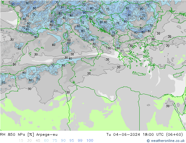 RH 850 hPa Arpege-eu  04.06.2024 18 UTC