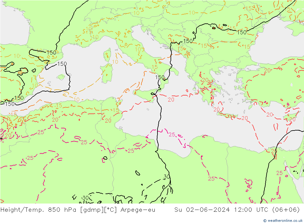 Height/Temp. 850 hPa Arpege-eu So 02.06.2024 12 UTC