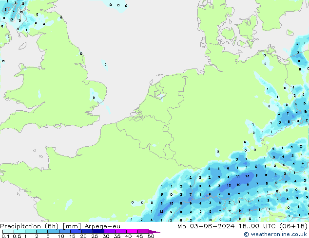 Precipitation (6h) Arpege-eu Mo 03.06.2024 00 UTC