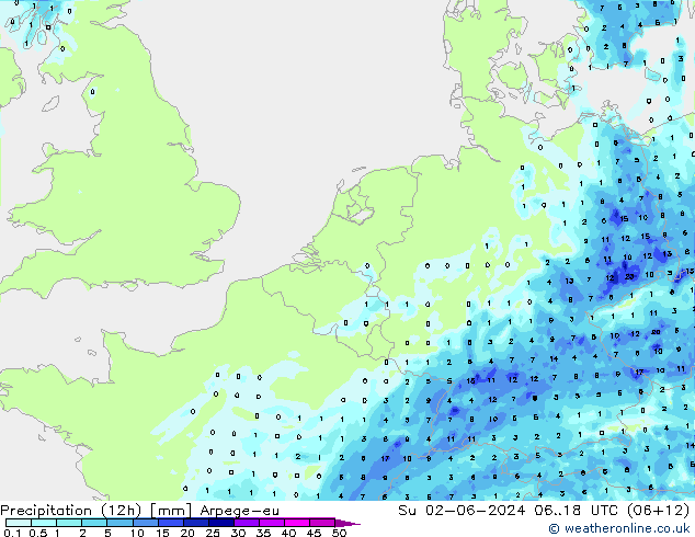 Precipitation (12h) Arpege-eu Su 02.06.2024 18 UTC