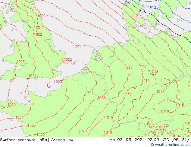 Surface pressure Arpege-eu Mo 03.06.2024 03 UTC