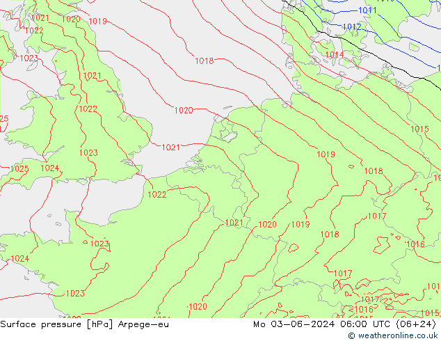 Surface pressure Arpege-eu Mo 03.06.2024 06 UTC
