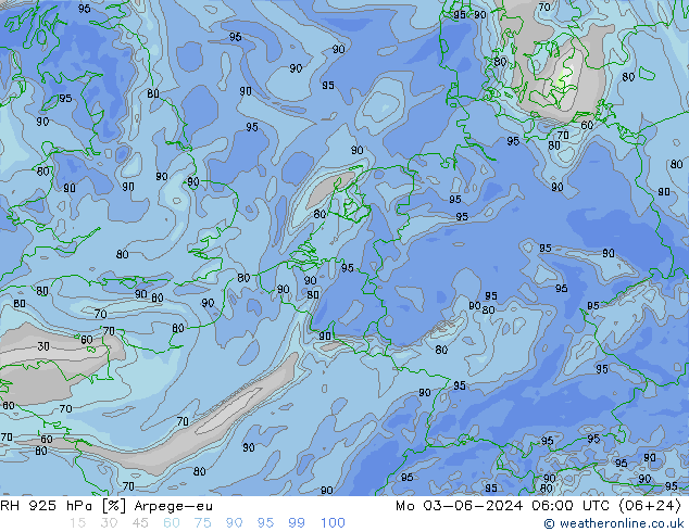 RH 925 гПа Arpege-eu пн 03.06.2024 06 UTC