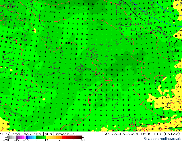 SLP/Temp. 850 hPa Arpege-eu Mo 03.06.2024 18 UTC