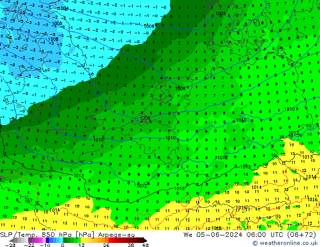 SLP/Temp. 850 hPa Arpege-eu mer 05.06.2024 06 UTC