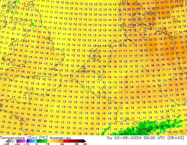 Temperaturkarte (2m) Arpege-eu So 02.06.2024 09 UTC
