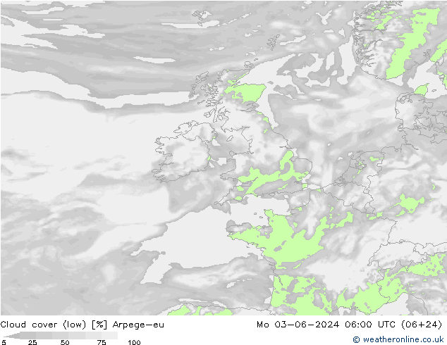 Cloud cover (low) Arpege-eu Mo 03.06.2024 06 UTC