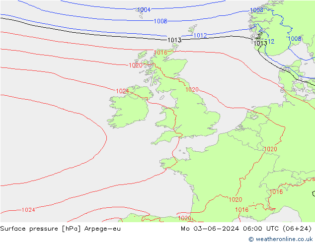 Surface pressure Arpege-eu Mo 03.06.2024 06 UTC