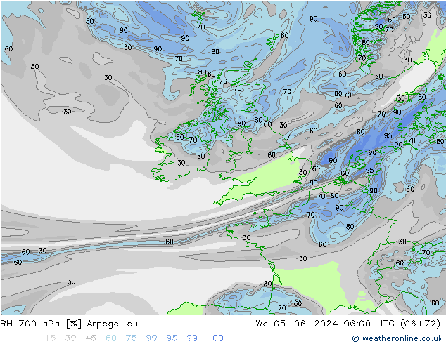 Humedad rel. 700hPa Arpege-eu mié 05.06.2024 06 UTC