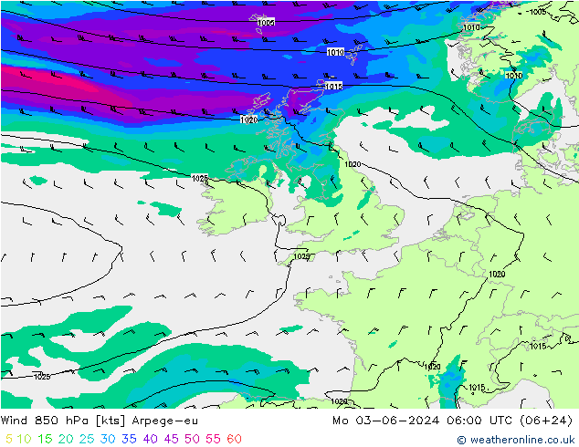 Wind 850 hPa Arpege-eu Mo 03.06.2024 06 UTC