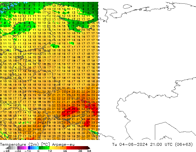Temperatura (2m) Arpege-eu mar 04.06.2024 21 UTC