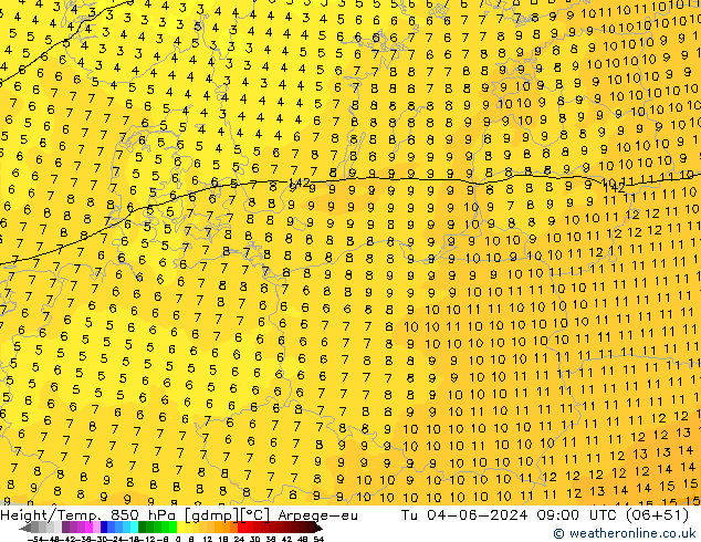 Height/Temp. 850 hPa Arpege-eu Tu 04.06.2024 09 UTC