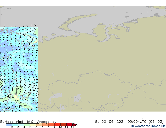 Vento 10 m (bft) Arpege-eu dom 02.06.2024 09 UTC