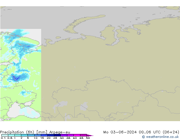 Precipitación (6h) Arpege-eu lun 03.06.2024 06 UTC