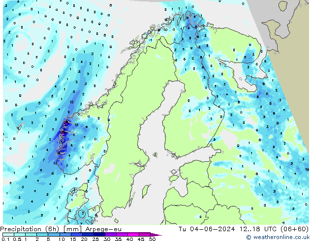Precipitation (6h) Arpege-eu Út 04.06.2024 18 UTC