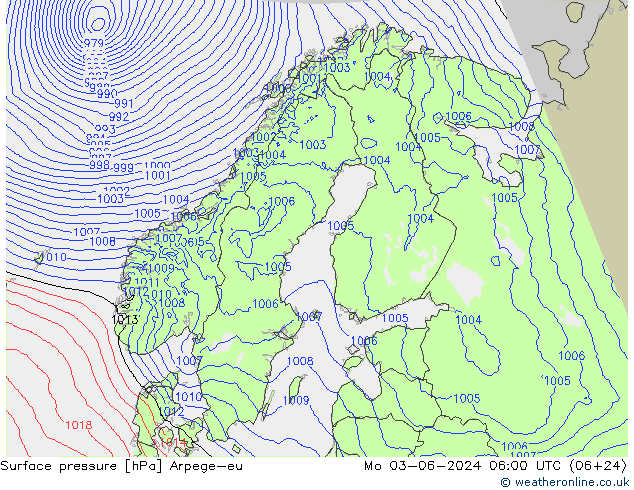 Surface pressure Arpege-eu Mo 03.06.2024 06 UTC