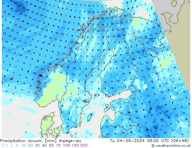 Precipitation accum. Arpege-eu Út 04.06.2024 06 UTC