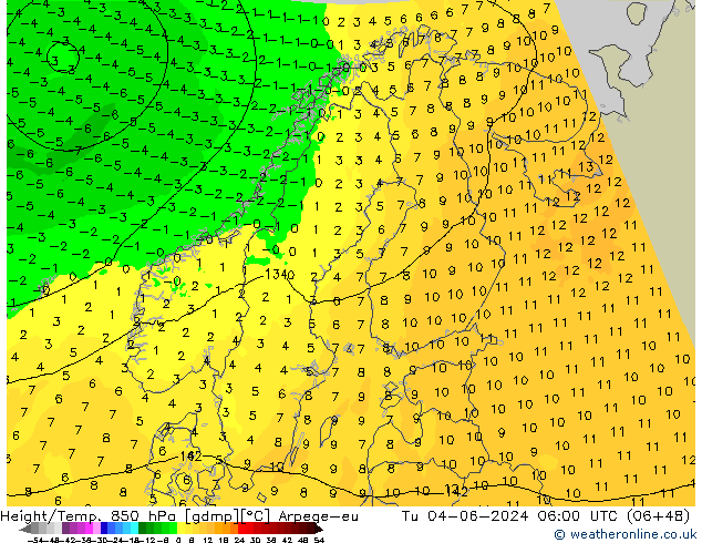 Height/Temp. 850 hPa Arpege-eu Tu 04.06.2024 06 UTC