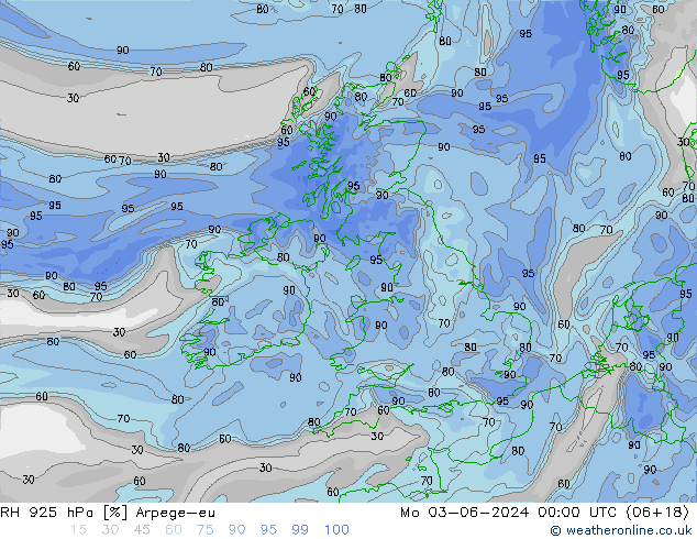 RH 925 hPa Arpege-eu Mo 03.06.2024 00 UTC