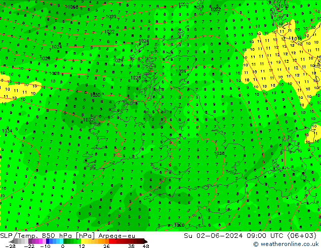 SLP/Temp. 850 hPa Arpege-eu dom 02.06.2024 09 UTC