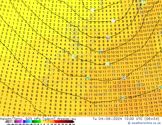 Height/Temp. 925 hPa Arpege-eu Tu 04.06.2024 12 UTC