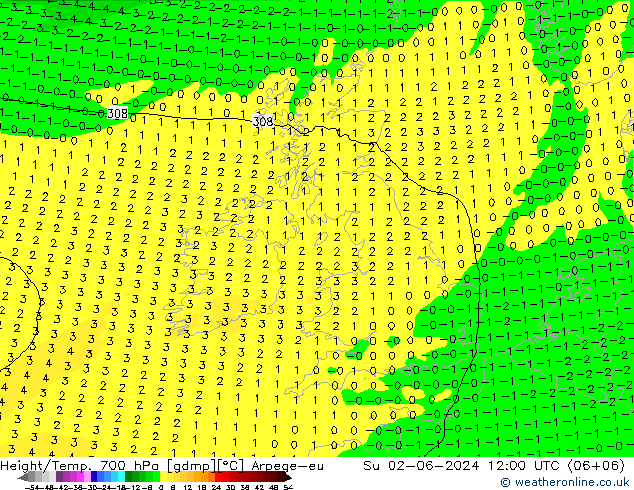 Height/Temp. 700 hPa Arpege-eu Su 02.06.2024 12 UTC