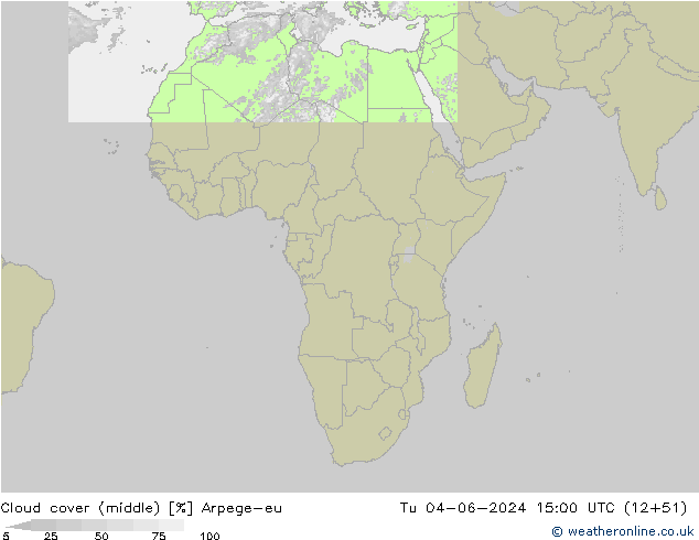 Cloud cover (middle) Arpege-eu Tu 04.06.2024 15 UTC