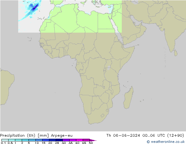 Totale neerslag (6h) Arpege-eu do 06.06.2024 06 UTC