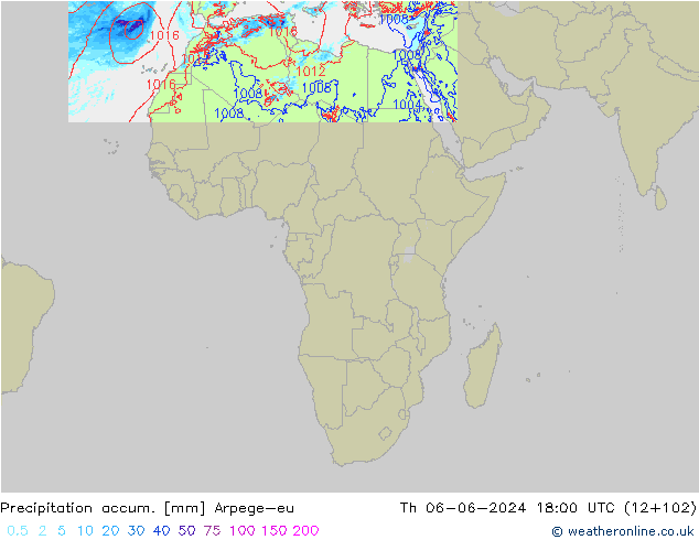 Precipitation accum. Arpege-eu Čt 06.06.2024 18 UTC