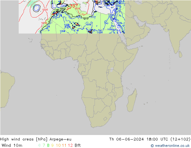 High wind areas Arpege-eu  06.06.2024 18 UTC