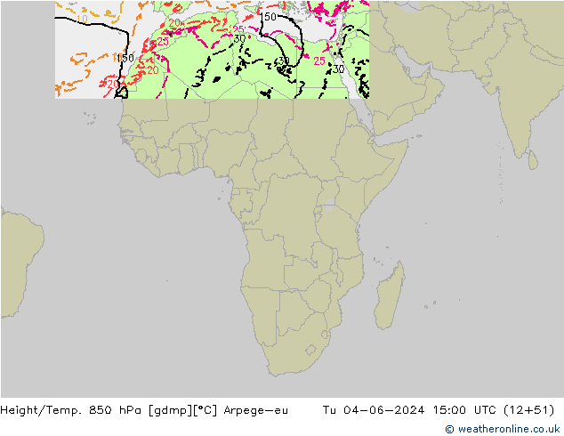 Height/Temp. 850 hPa Arpege-eu Tu 04.06.2024 15 UTC