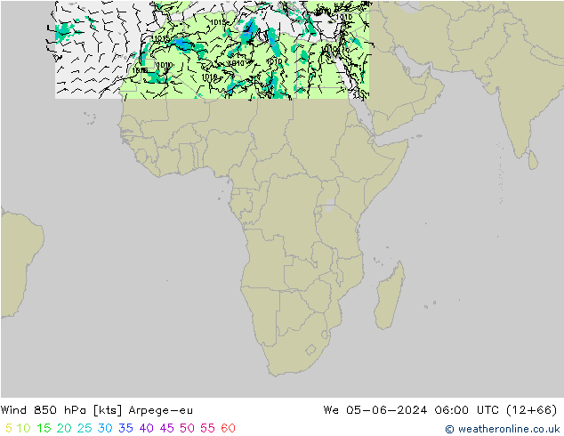Vento 850 hPa Arpege-eu mer 05.06.2024 06 UTC