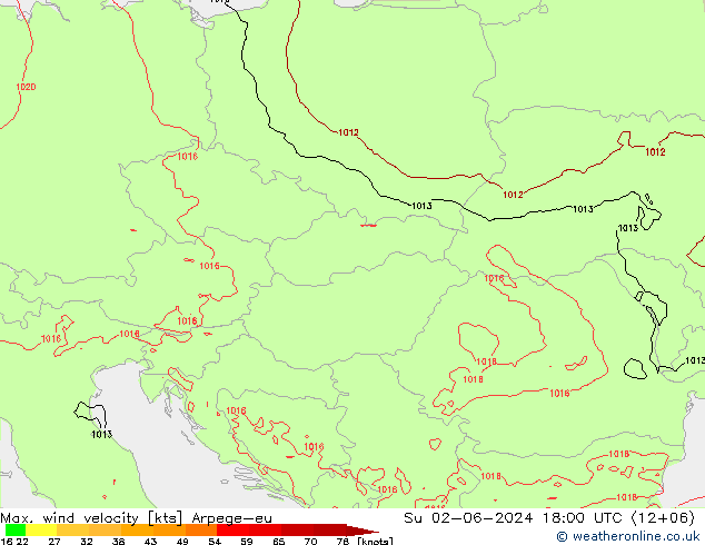 Max. wind snelheid Arpege-eu zo 02.06.2024 18 UTC