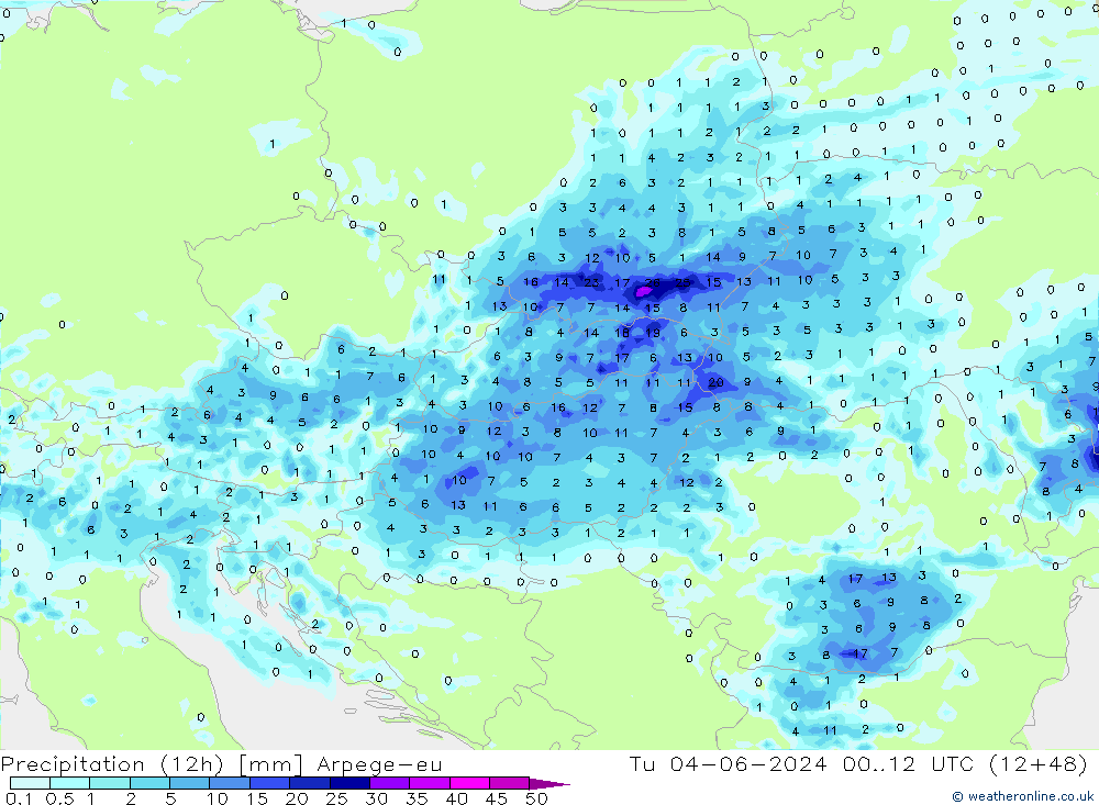 Precipitation (12h) Arpege-eu Tu 04.06.2024 12 UTC