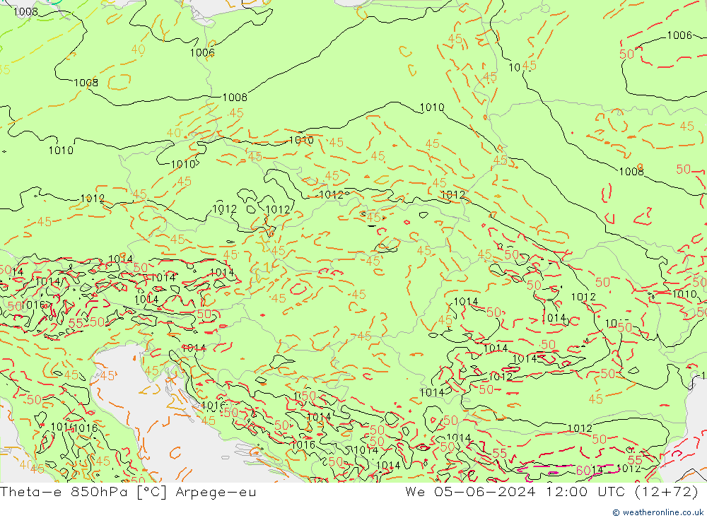 Theta-e 850hPa Arpege-eu mié 05.06.2024 12 UTC