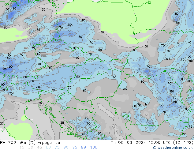Humidité rel. 700 hPa Arpege-eu jeu 06.06.2024 18 UTC