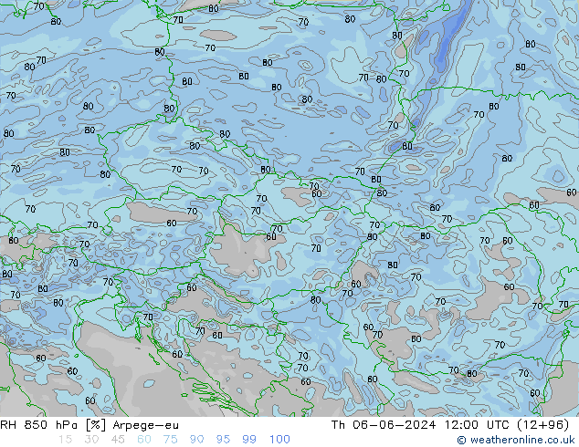 Humidité rel. 850 hPa Arpege-eu jeu 06.06.2024 12 UTC