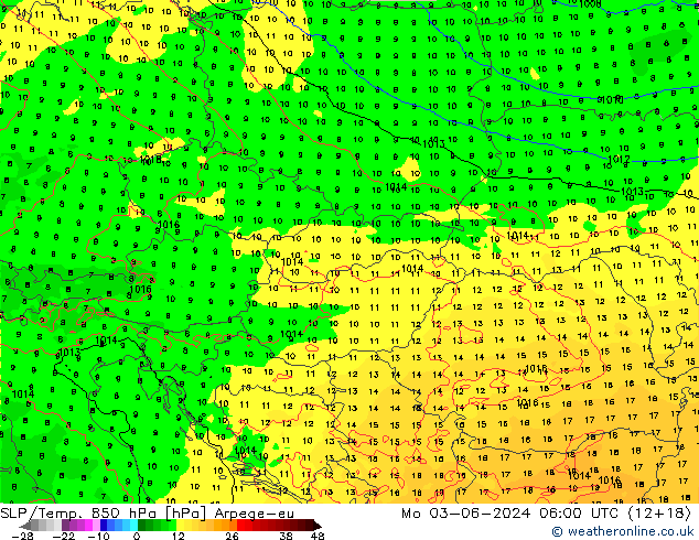 SLP/Temp. 850 hPa Arpege-eu pon. 03.06.2024 06 UTC