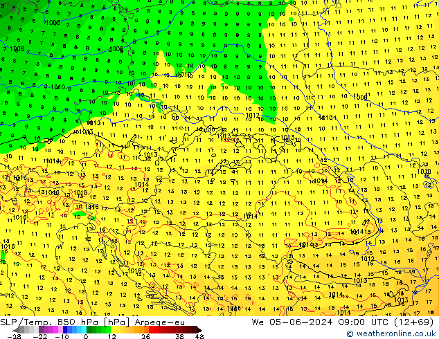 SLP/Temp. 850 гПа Arpege-eu ср 05.06.2024 09 UTC