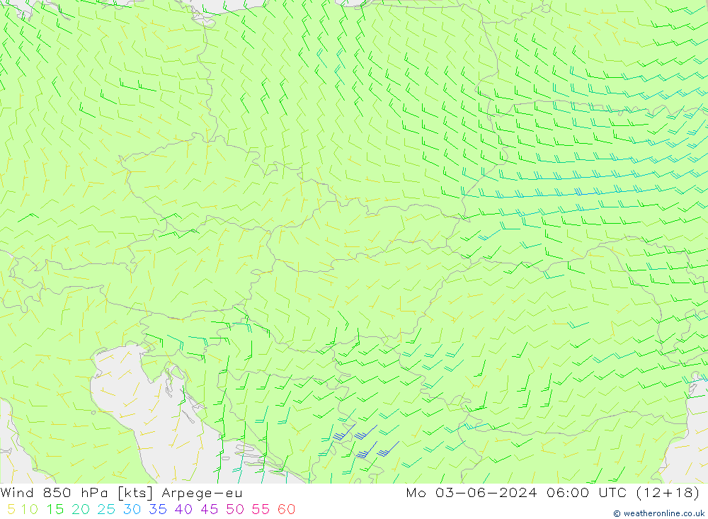 Wind 850 hPa Arpege-eu Po 03.06.2024 06 UTC