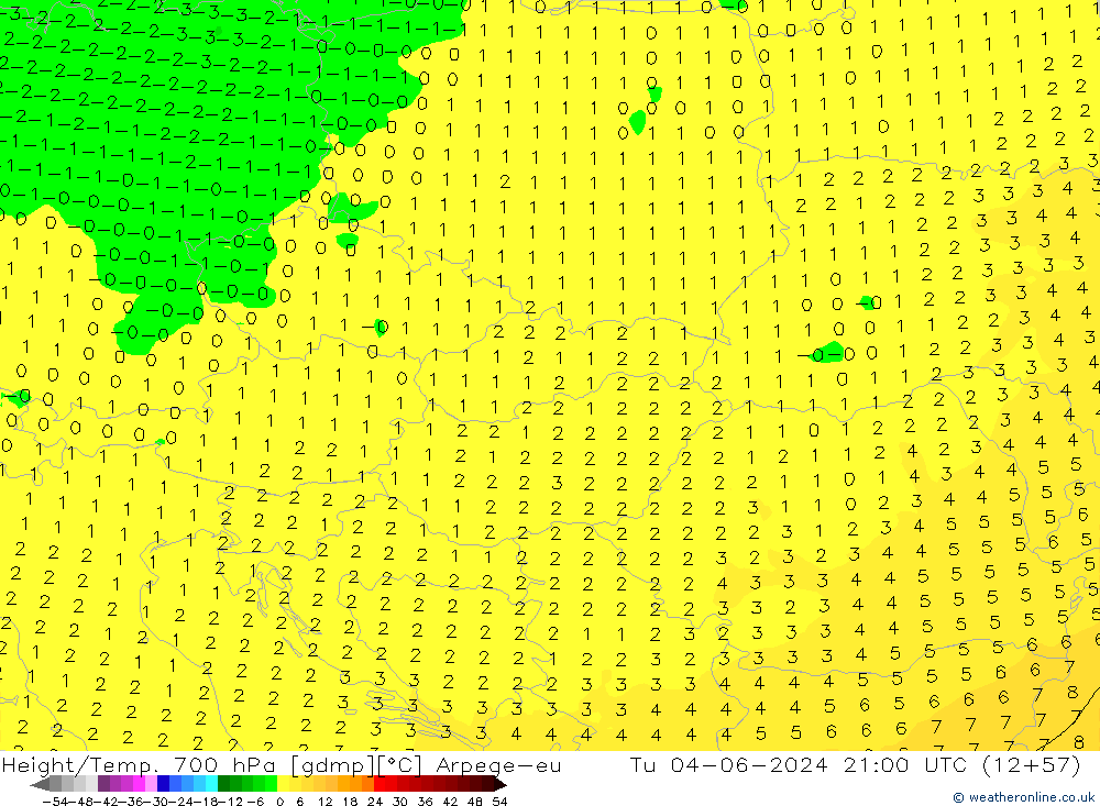 Height/Temp. 700 гПа Arpege-eu вт 04.06.2024 21 UTC