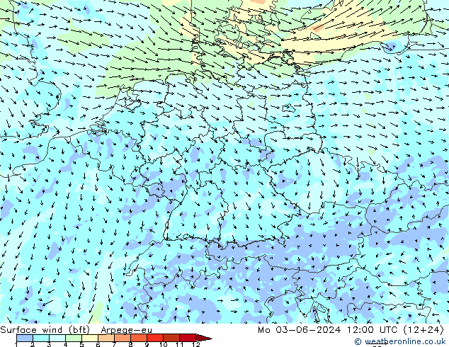 Wind 10 m (bft) Arpege-eu ma 03.06.2024 12 UTC