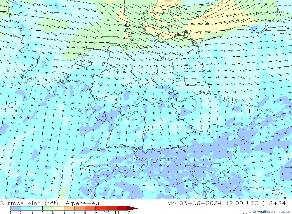 Surface wind (bft) Arpege-eu Mo 03.06.2024 12 UTC