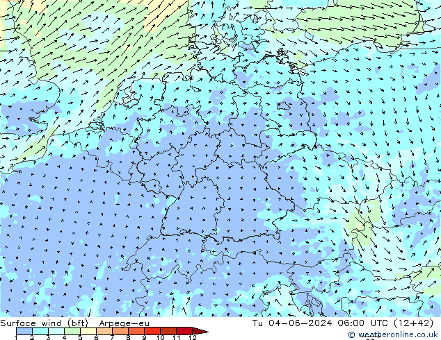 Surface wind (bft) Arpege-eu Tu 04.06.2024 06 UTC