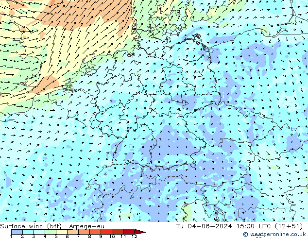Vento 10 m (bft) Arpege-eu Ter 04.06.2024 15 UTC