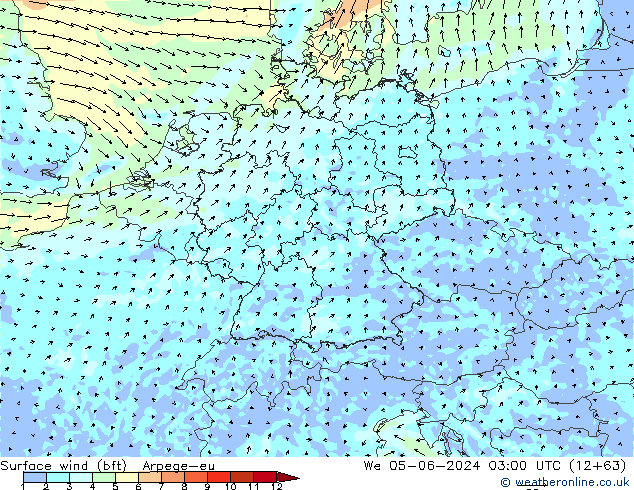 Wind 10 m (bft) Arpege-eu wo 05.06.2024 03 UTC
