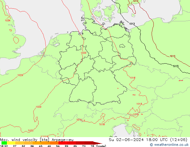 Max. wind velocity Arpege-eu Ne 02.06.2024 18 UTC