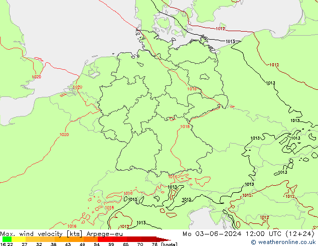 Max. wind velocity Arpege-eu lun 03.06.2024 12 UTC